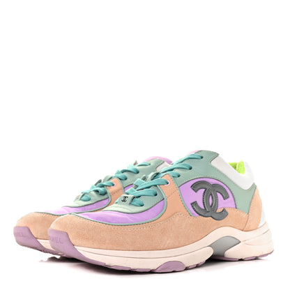 Chanel Nylon Lambskin Suede Calfskin CC Sneakers 37.5 Green Purple Pink 3 of 7