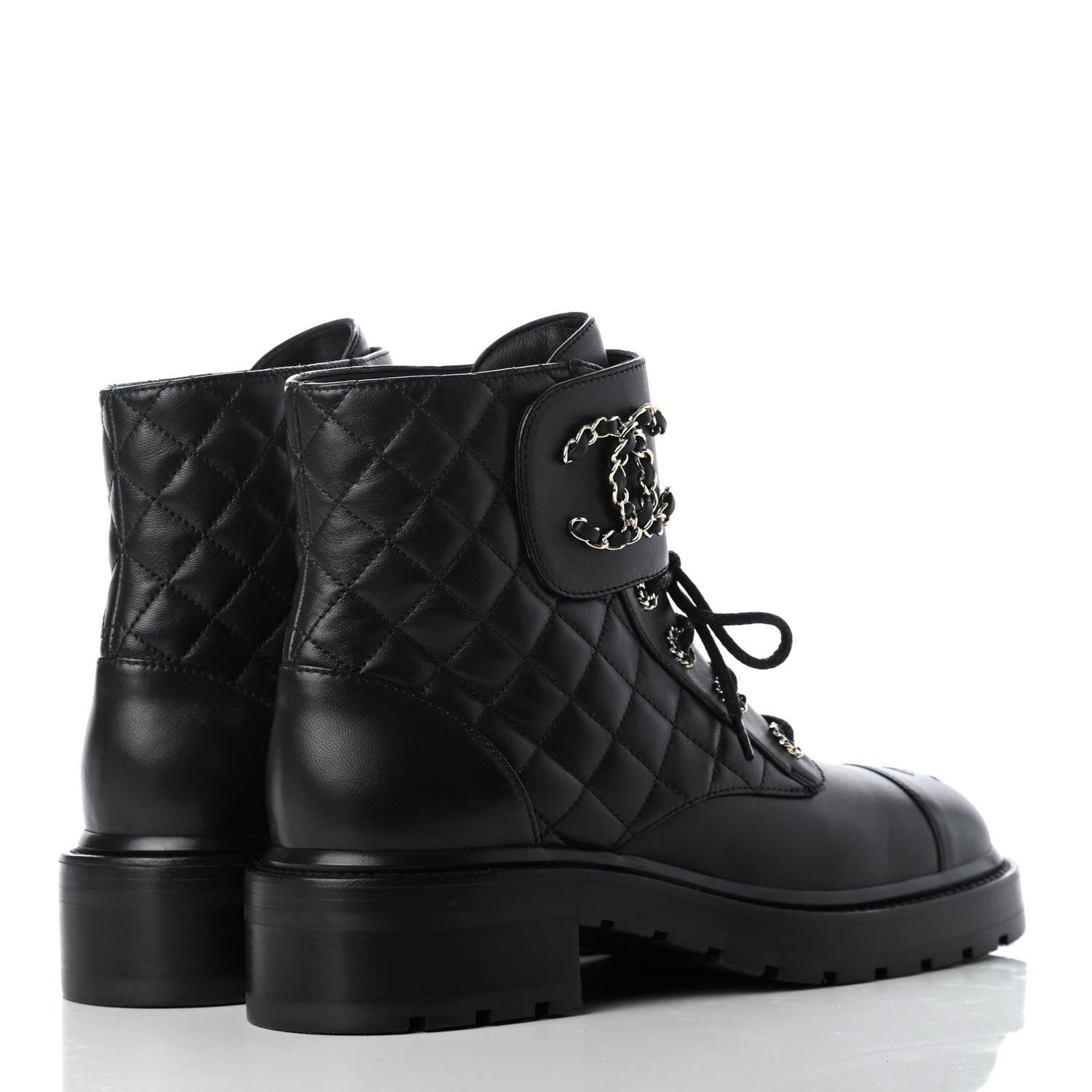 Chanel Shiny Lambskin Quilted Lace Up Combat Boots 38.5 Black 7 of 22