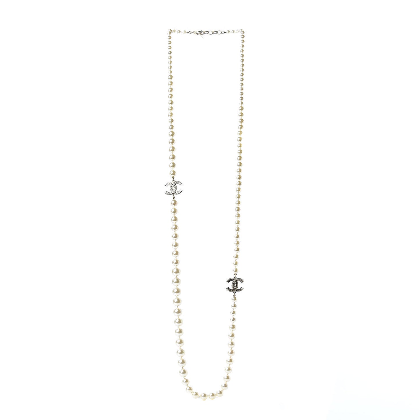 Pearl Baguette Crystal CC Long Necklace Silver