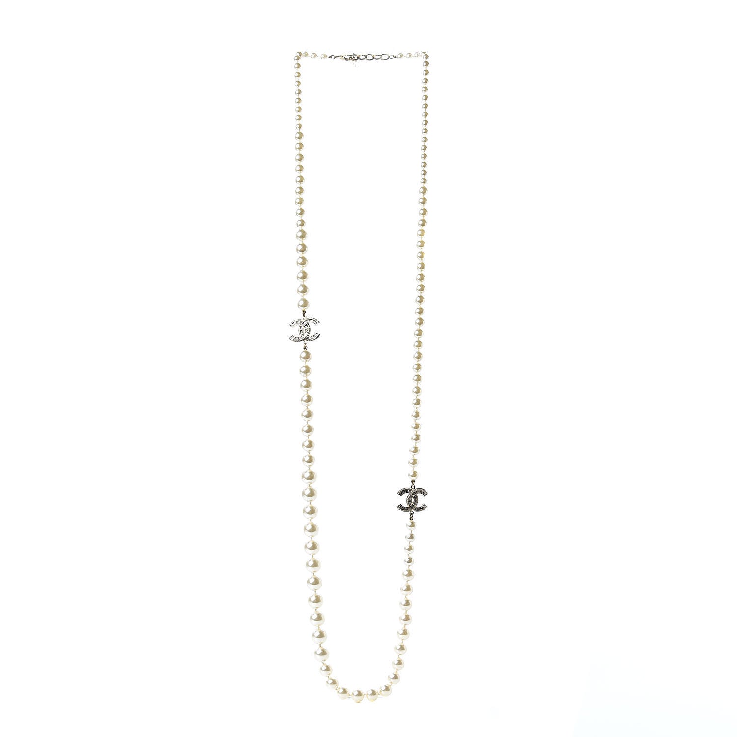 Chanel Pearl Baguette Crystal CC Long Necklace Silver 3 of 5