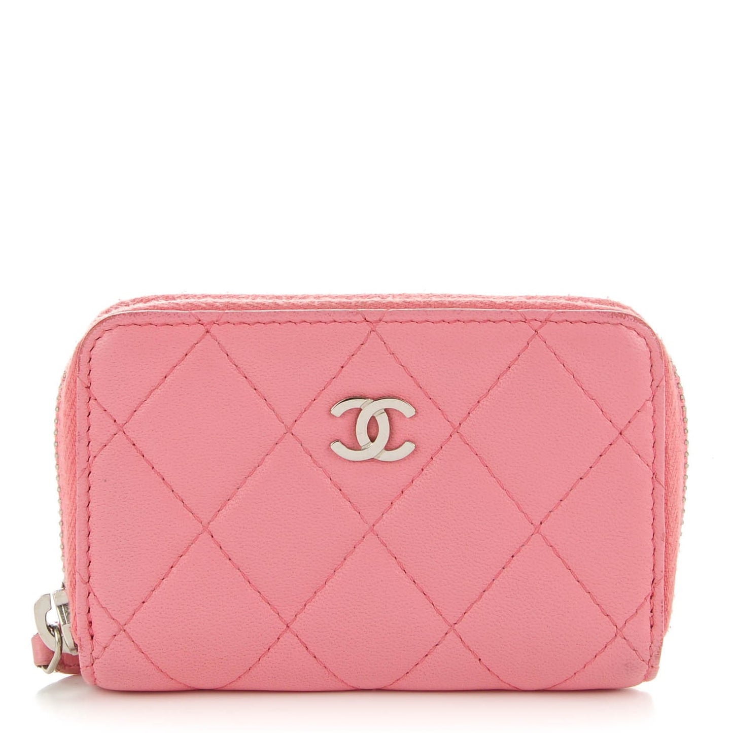 Lambskin Quilted Zip Around Coin Purse Wallet Pink
