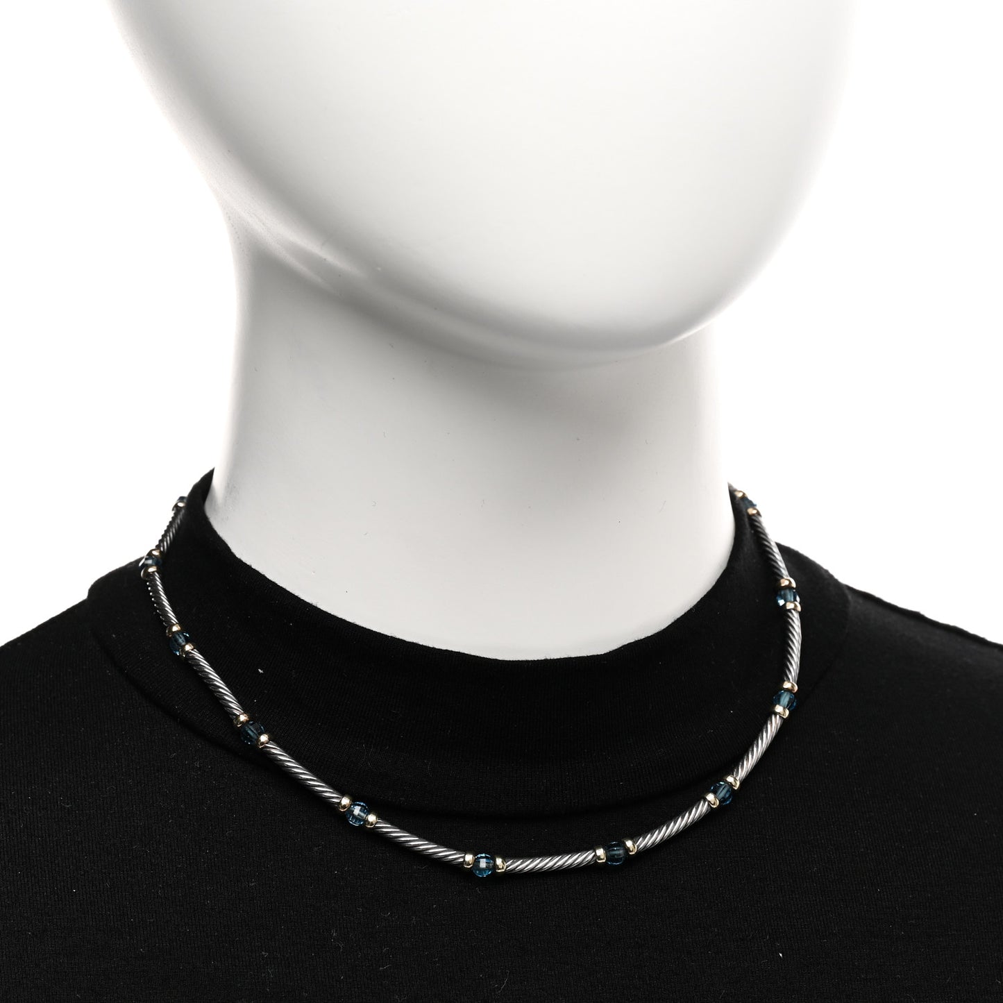 Sterling Silver 14K Yellow Gold Blue Topaz Hampton Cable Choker Necklace