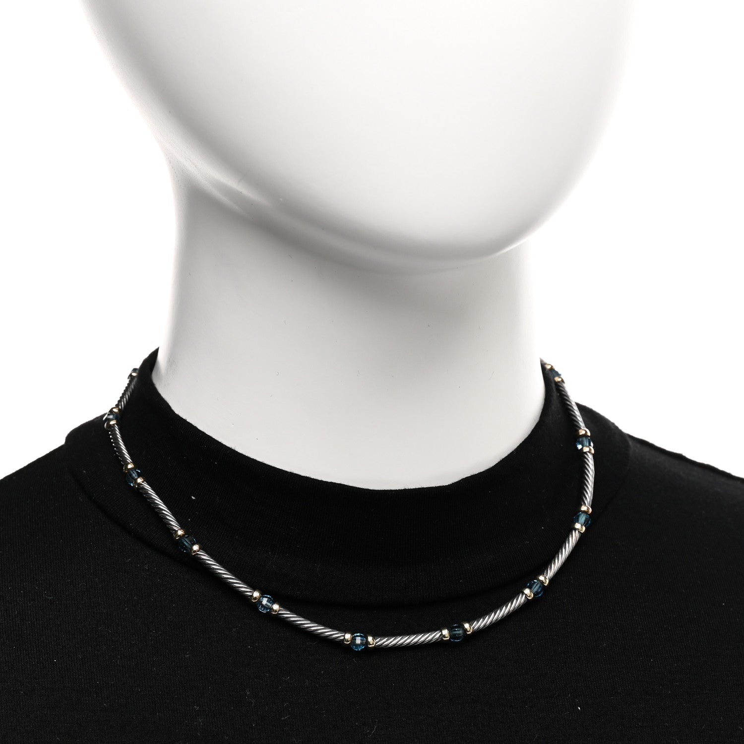 David Yurman Sterling Silver 14K Yellow Gold Blue Topaz Hampton Cable Choker Necklace 2 of 5