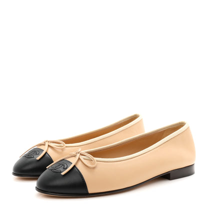 Chanel Lambskin Cap Toe CC Ballerina Flats 38 Beige Black 4 of 9