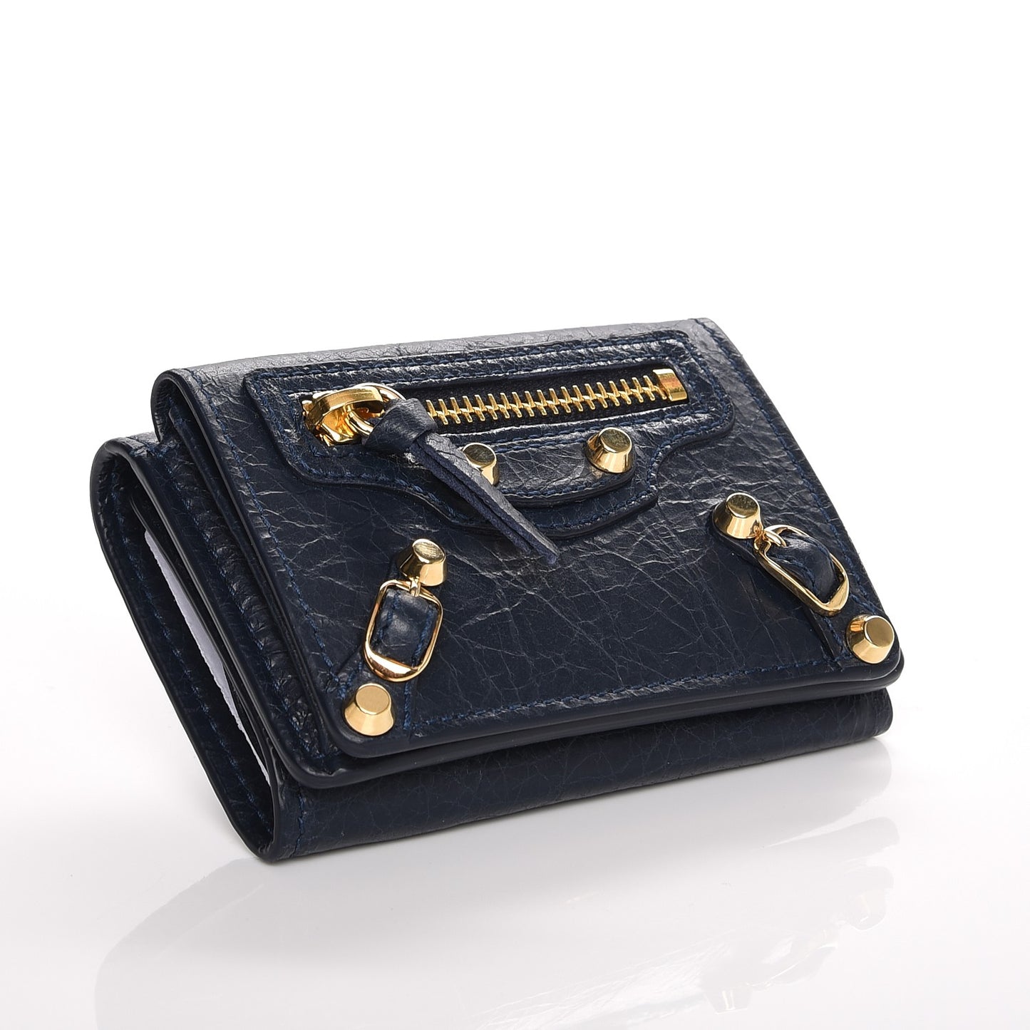 Agneau Arena Classic Gold Hardware Mini Wallet Bleu Obscur