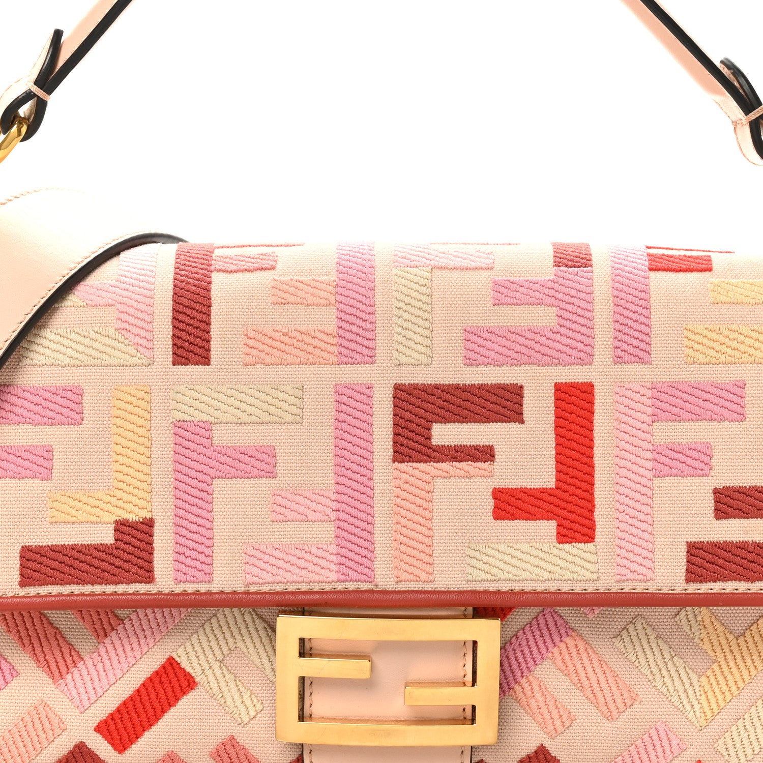 Fendi Canvas Vitello King FF Embroidered Baguette Rosa Quarzo