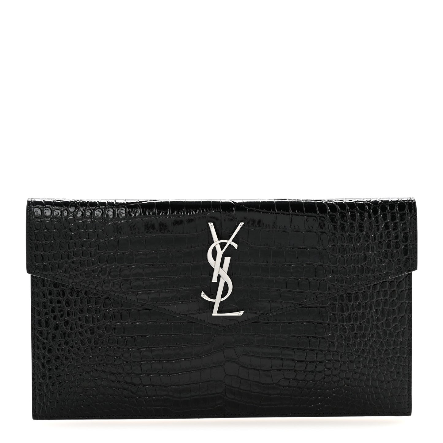 Calfskin Crocodile Embossed Uptown Monogram Clutch Black