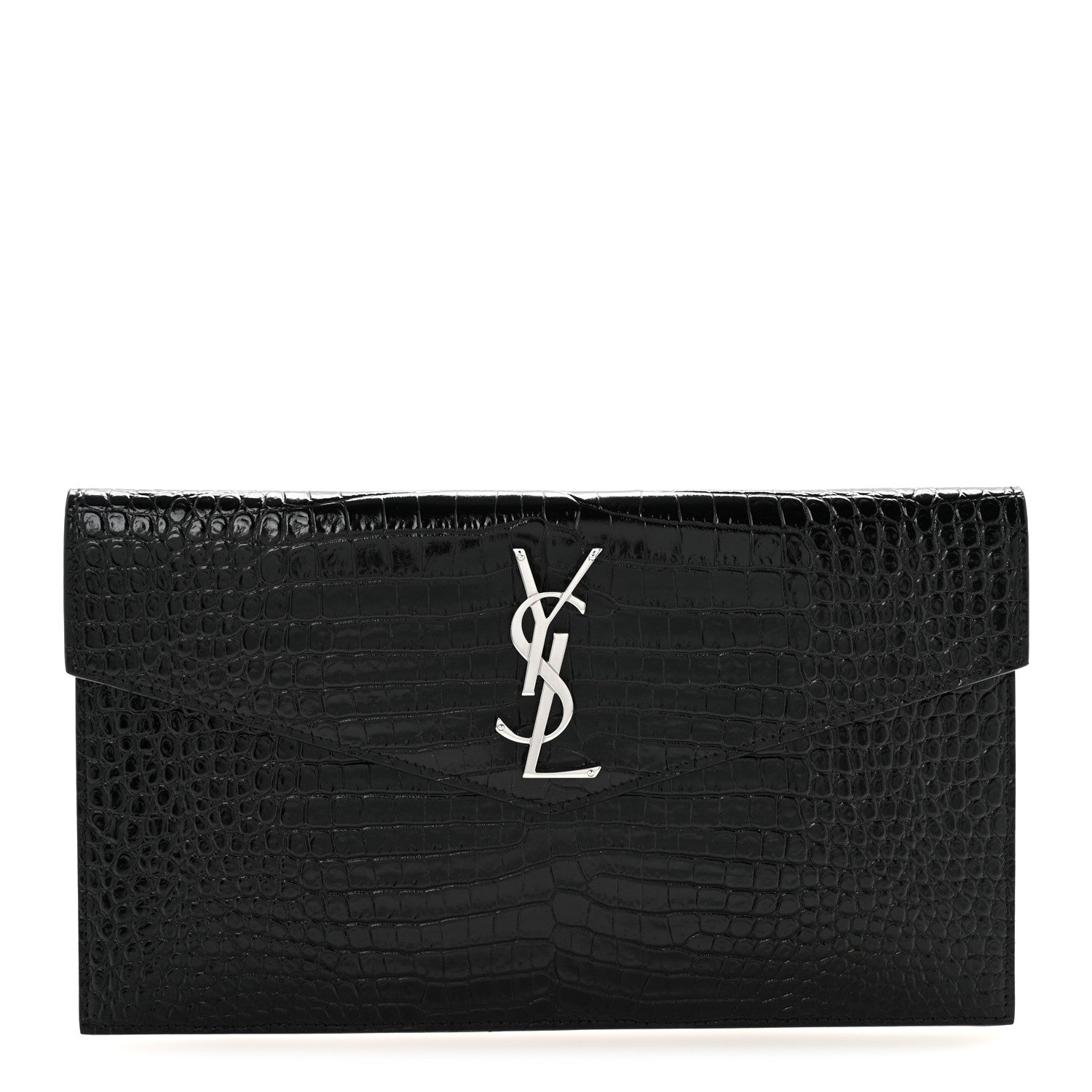 Saint Laurent Calfskin Crocodile Embossed Uptown Monogram Clutch Black 1 of 13