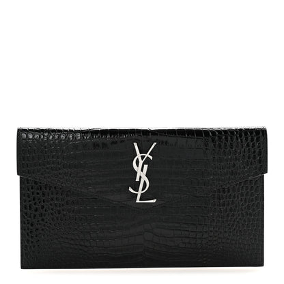Saint Laurent Calfskin Crocodile Embossed Uptown Monogram Clutch Black 1 of 13