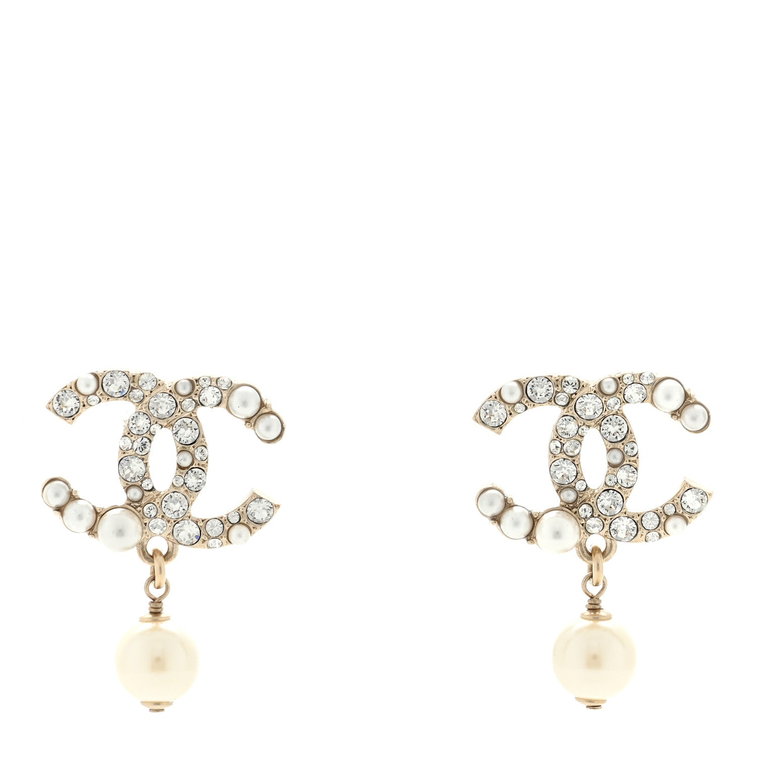 Chanel Crystal Pearl CC Drop Earrings Gold Pearly White 1 of 4
