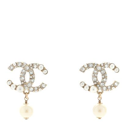 Chanel Crystal Pearl CC Drop Earrings Gold Pearly White 1 of 4