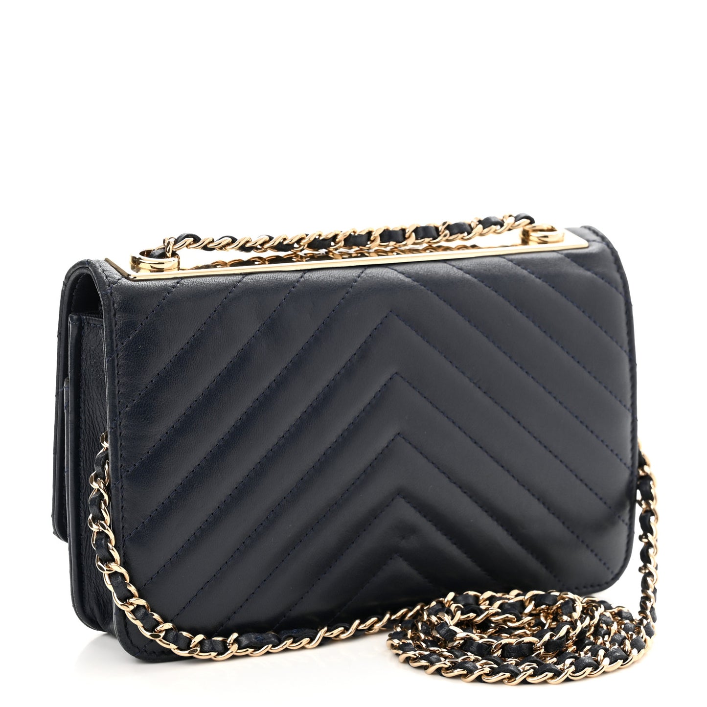Lambskin Chevron Quilted Trendy CC Wallet On Chain WOC Dark Blue