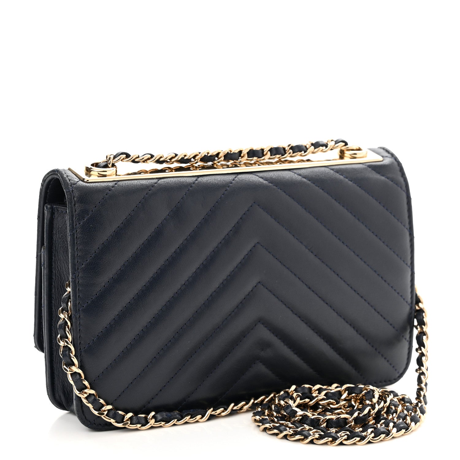Chanel Lambskin Chevron Quilted Trendy CC Wallet On Chain WOC Dark Blue 3 of 13