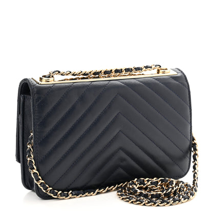 Chanel Lambskin Chevron Quilted Trendy CC Wallet On Chain WOC Dark Blue 3 of 13