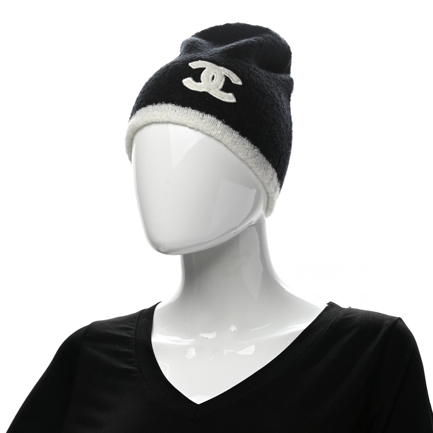 Cashmere Silk CC Beanie Hat Black White