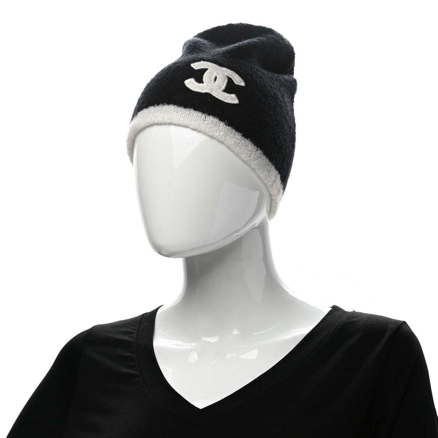 Chanel Cashmere Silk CC Beanie Hat Black White 2 of 4