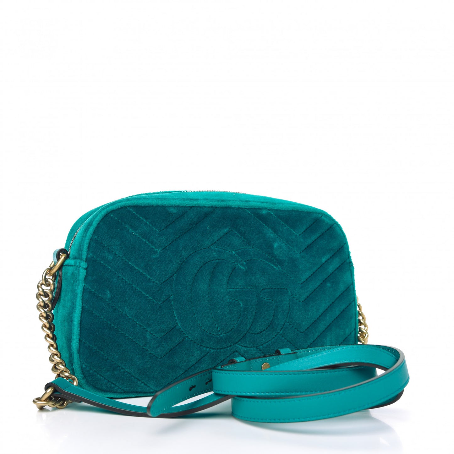 Velvet Matelasse Small GG Marmont Chain Shoulder Bag Pavone Cyan