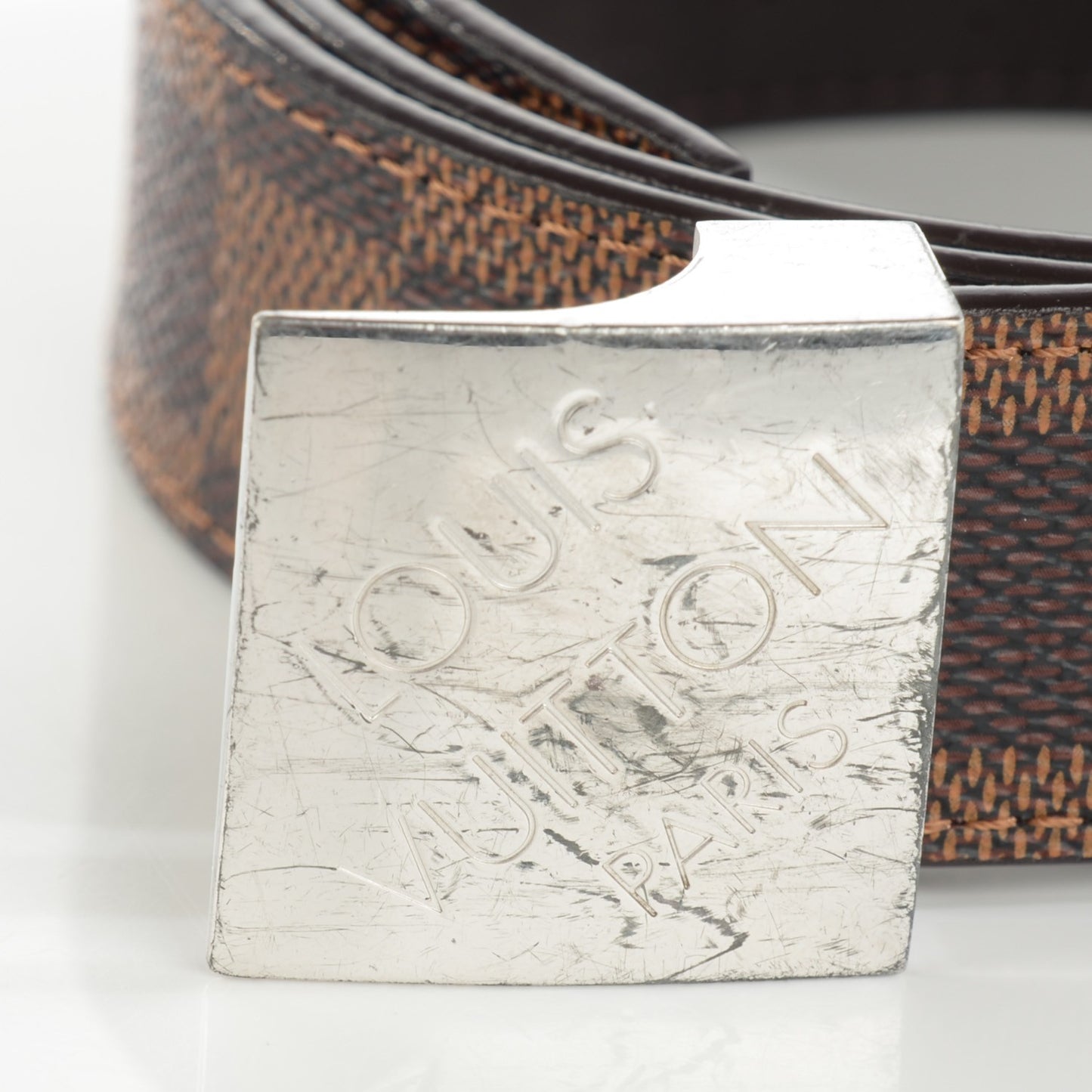 Damier Ebene LV Paris Buckle Belt 85 34 Silver