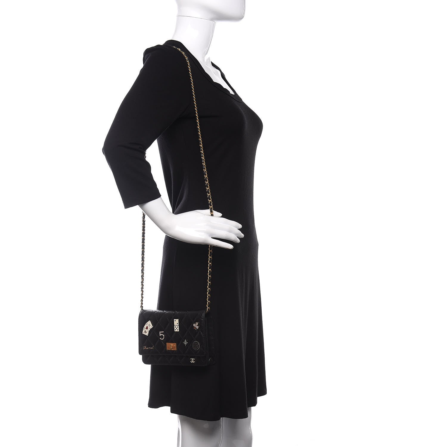 Chanel Aged Calfskin Quilted Lucky Charms Casino 2.55 Reissue Wallet On Chain WOC Black 2 of 12