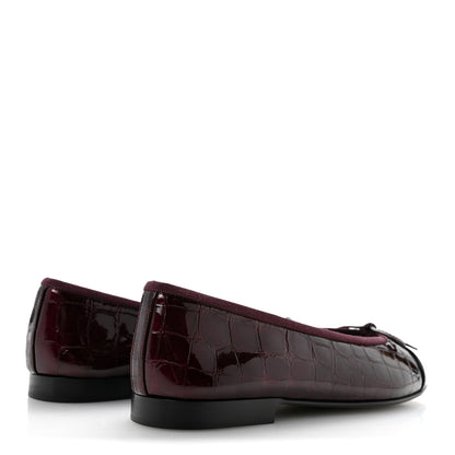 Chanel Patent Calfskin Crocodile Embossed Cap Toe CC Ballerina Flats 37 Dark Burgundy Black 5 of 10