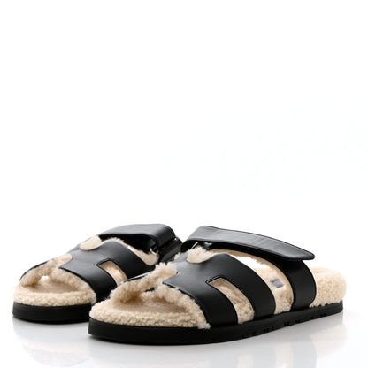 Hermes Veau Indios Woolskin Mens Chypre Sandals 38 Black Ecru 3 of 10