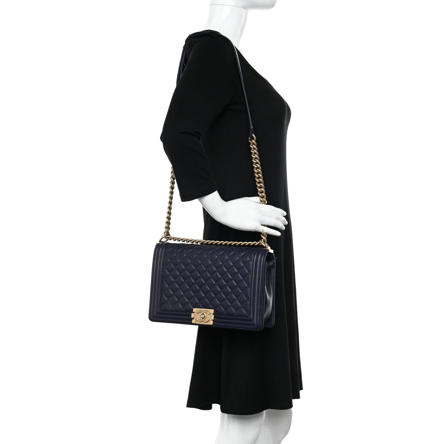 Caviar Quilted New Medium Boy Flap Dark Navy Blue