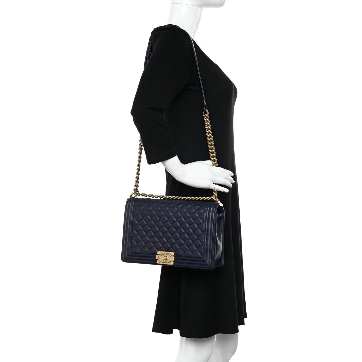 Chanel Caviar Quilted New Medium Boy Flap Dark Navy Blue 2 of 12