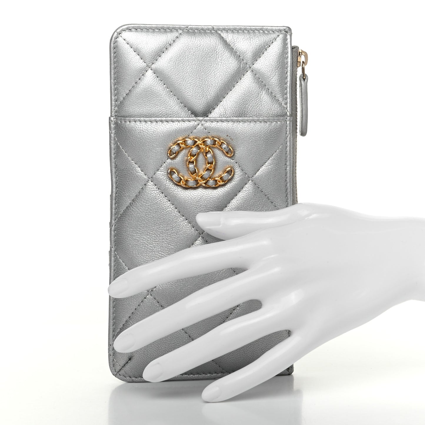 Metallic Goatskin Quilted Chanel 19 Flat Wallet Pouch Silver