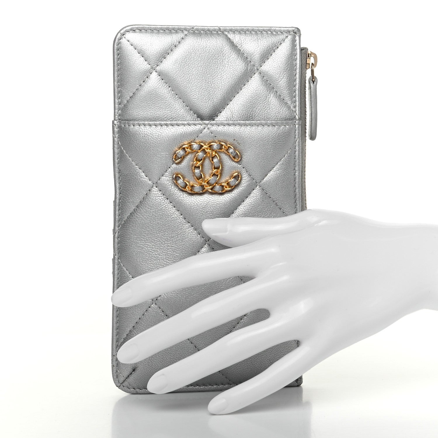 Chanel Metallic Goatskin Quilted Chanel 19 Flat Wallet Pouch Silver 2 of 9