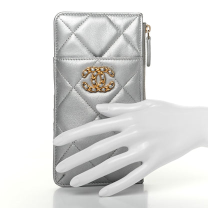 Chanel Metallic Goatskin Quilted Chanel 19 Flat Wallet Pouch Silver 2 of 9