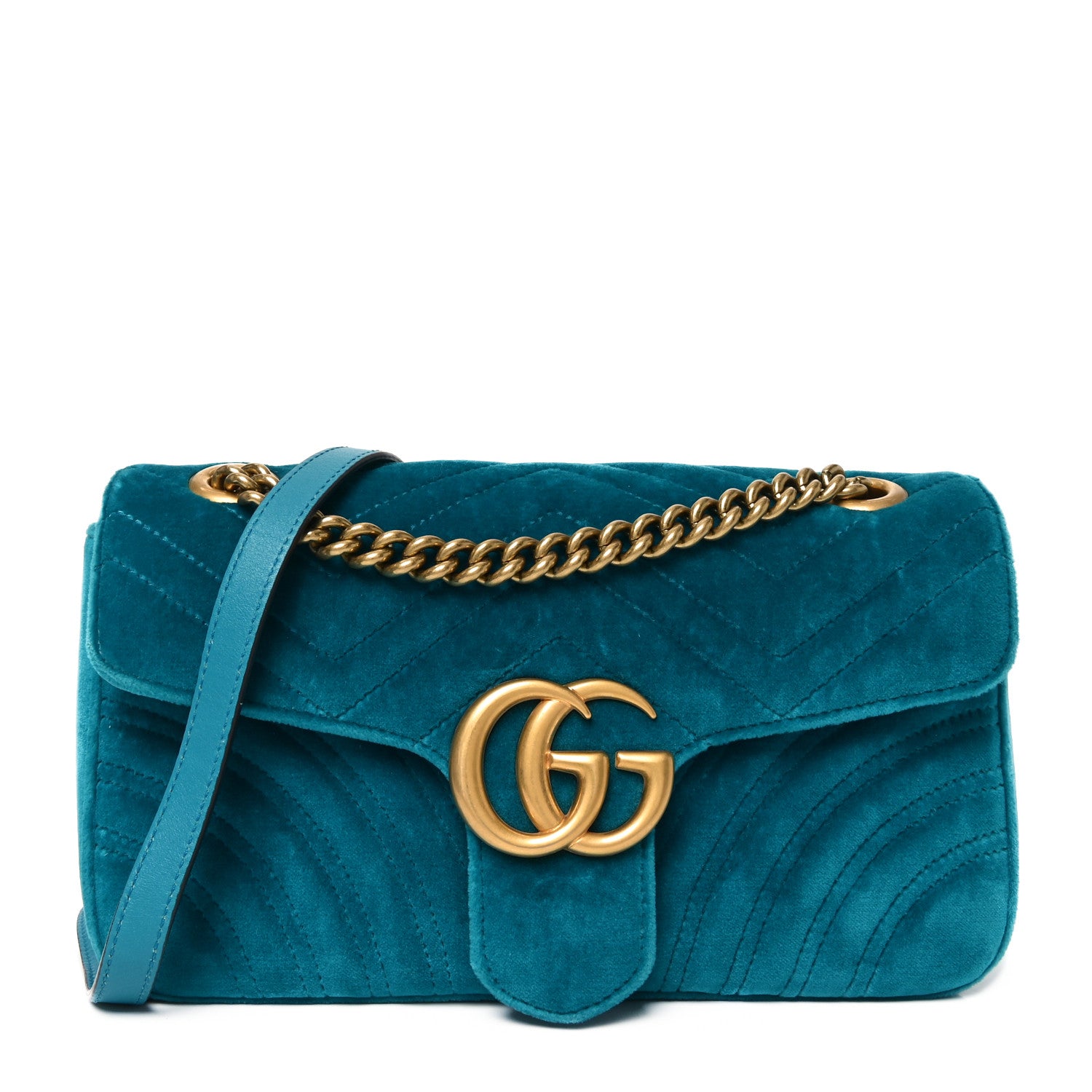 Gucci Velvet Matelasse Small GG Marmont Shoulder Bag Pavone Cyan 1 of 10