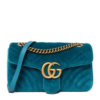 Gucci Velvet Matelasse Small GG Marmont Shoulder Bag Pavone Cyan 1 of 10