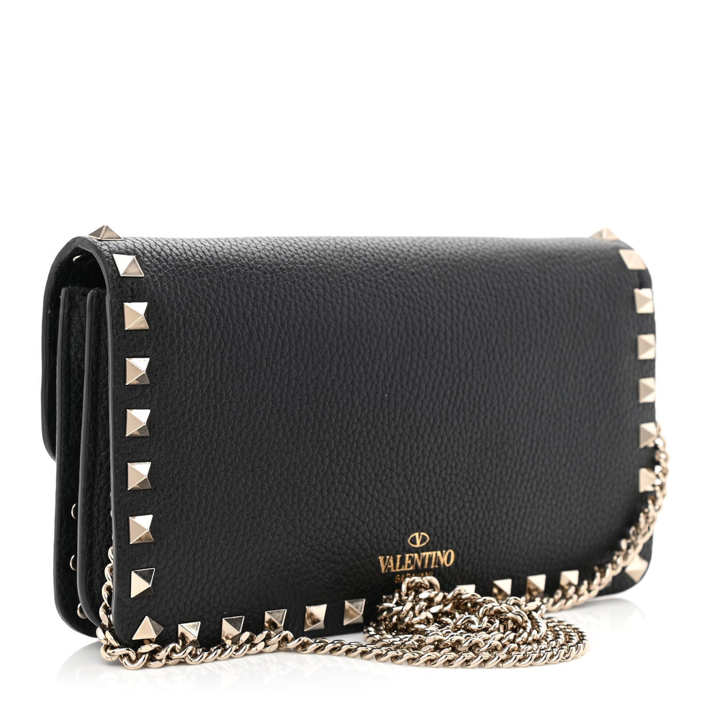 Pebbled Calfskin Rockstud Flap Wallet On Chain Black