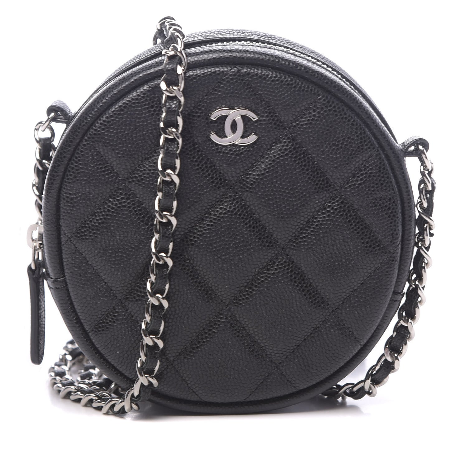 Caviar Quilted Round Clutch With Chain Black