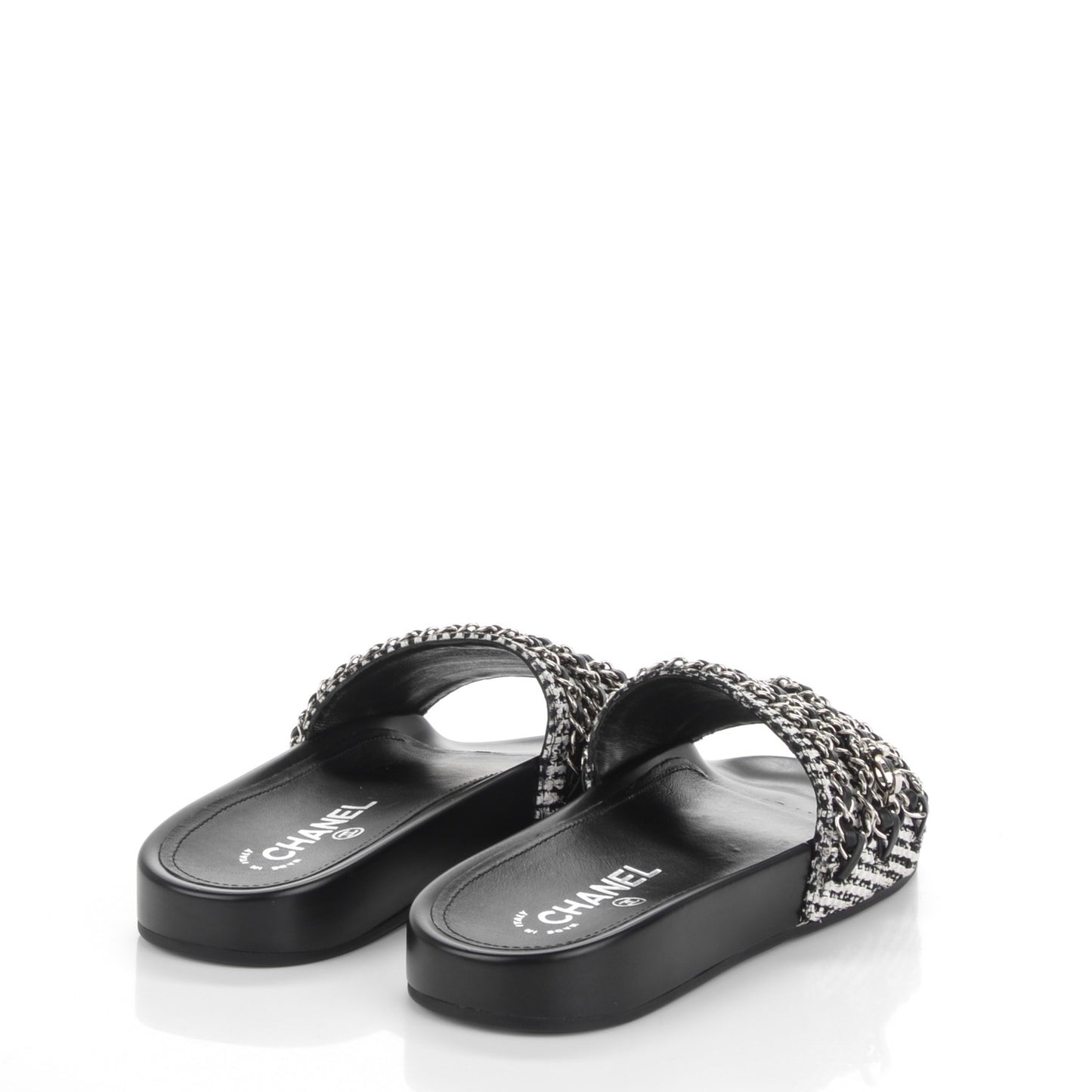 Tweed Lambskin Chain Flat Sandals 37 Black White