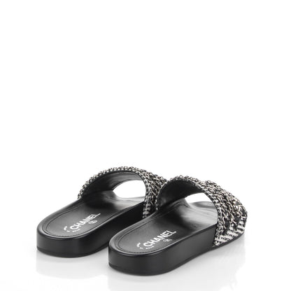 Chanel Tweed Lambskin Chain Flat Sandals 37 Black White 4 of 8