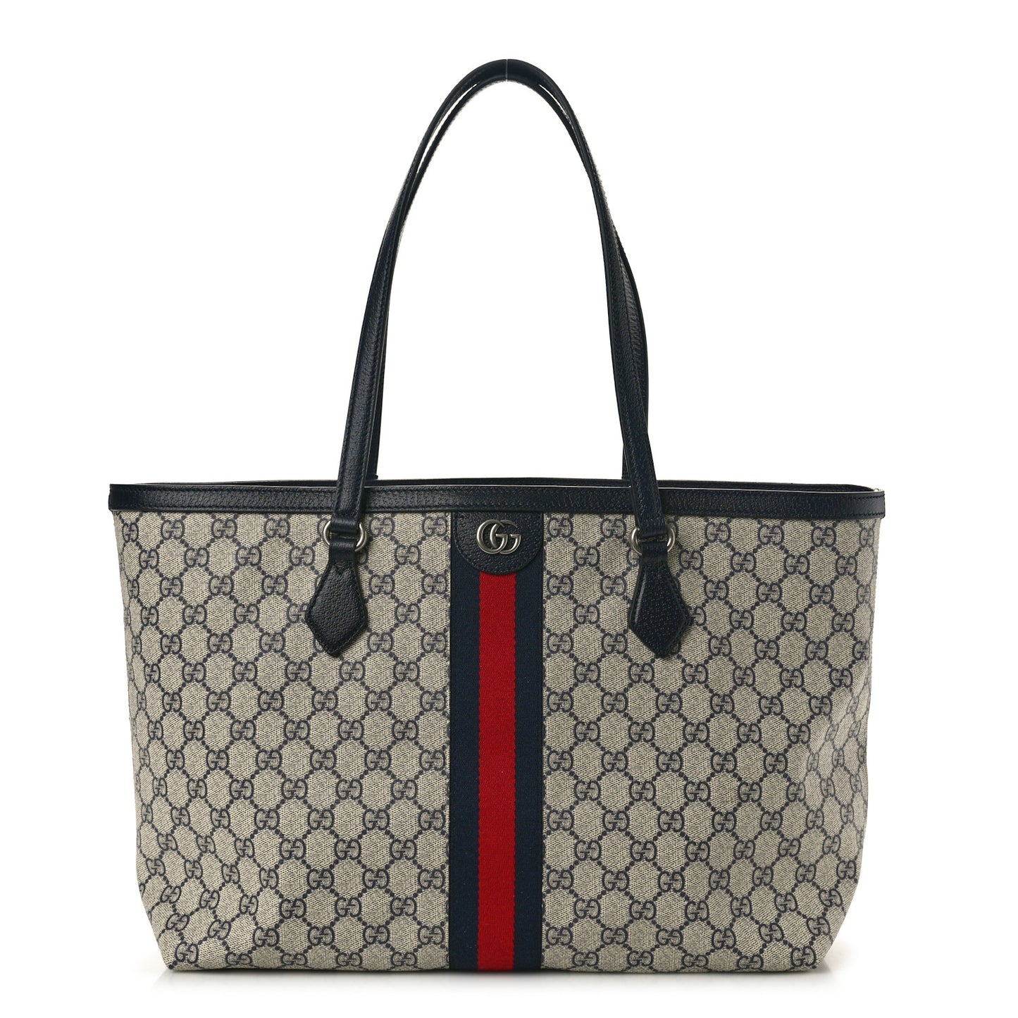 GG Supreme Monogram Textured Calfskin Web Medium Ophidia Shopping Tote Beige Blue