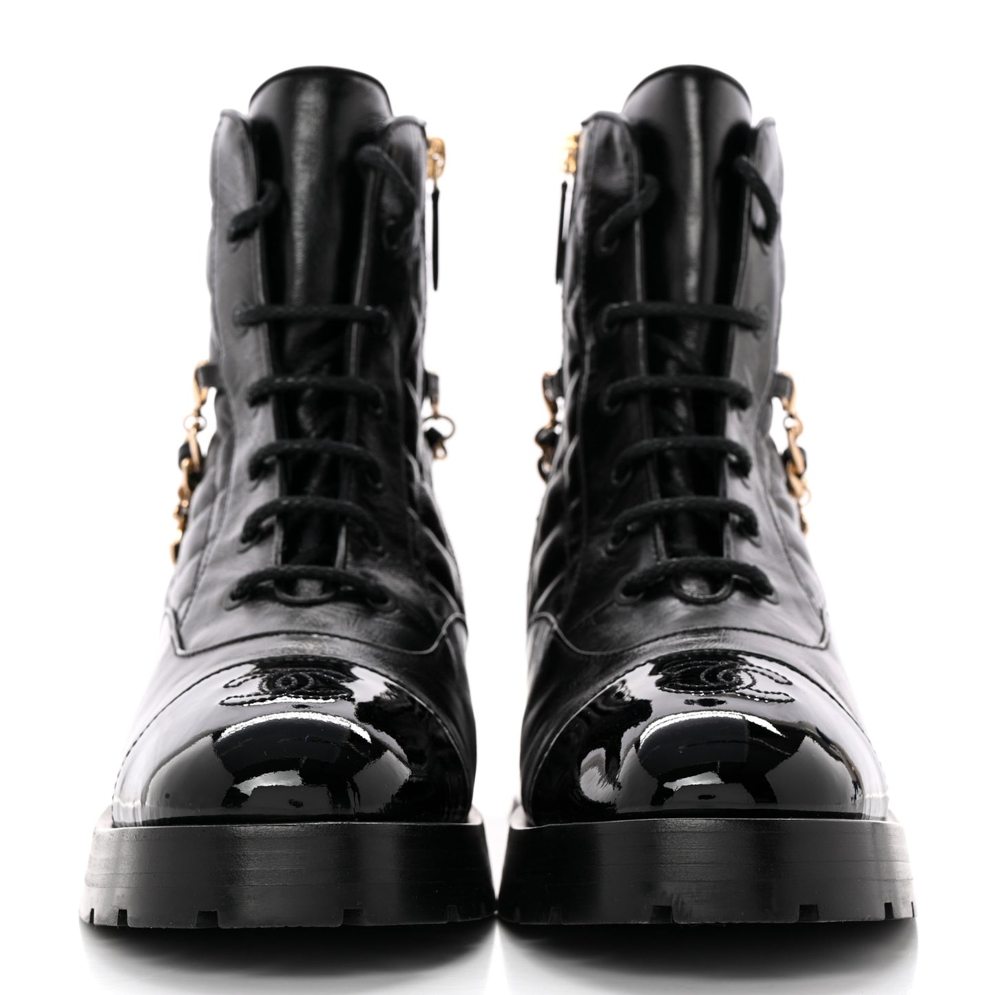 Shiny Calfskin Patent Quilted Chain Lace Up Combat Boots 39 Black