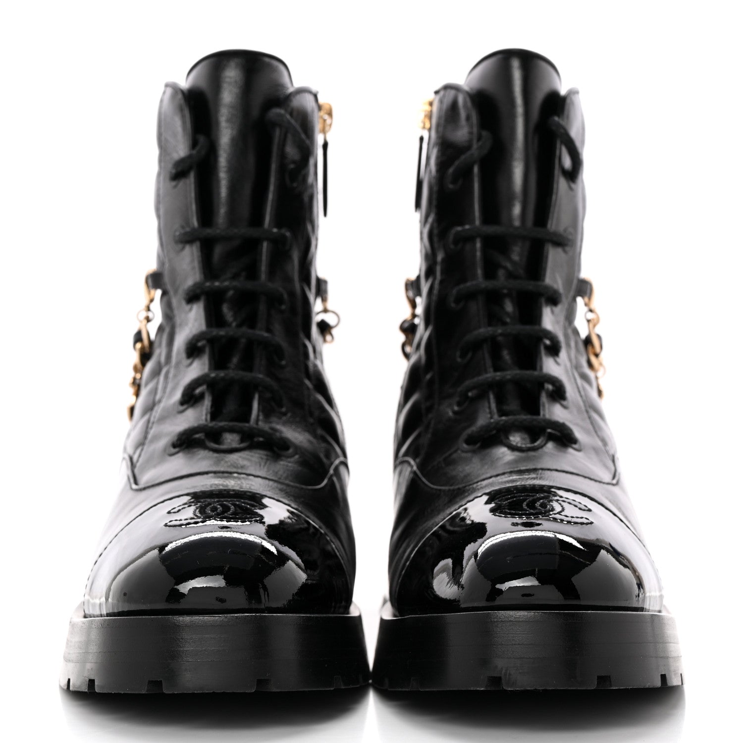 Chanel Shiny Calfskin Patent Quilted Chain Lace Up Combat Boots 39 Black 2 of 11