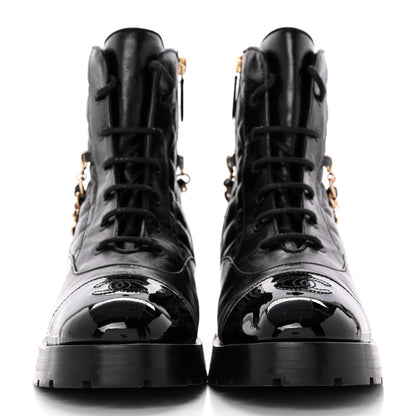 Chanel Shiny Calfskin Patent Quilted Chain Lace Up Combat Boots 39 Black 2 of 11