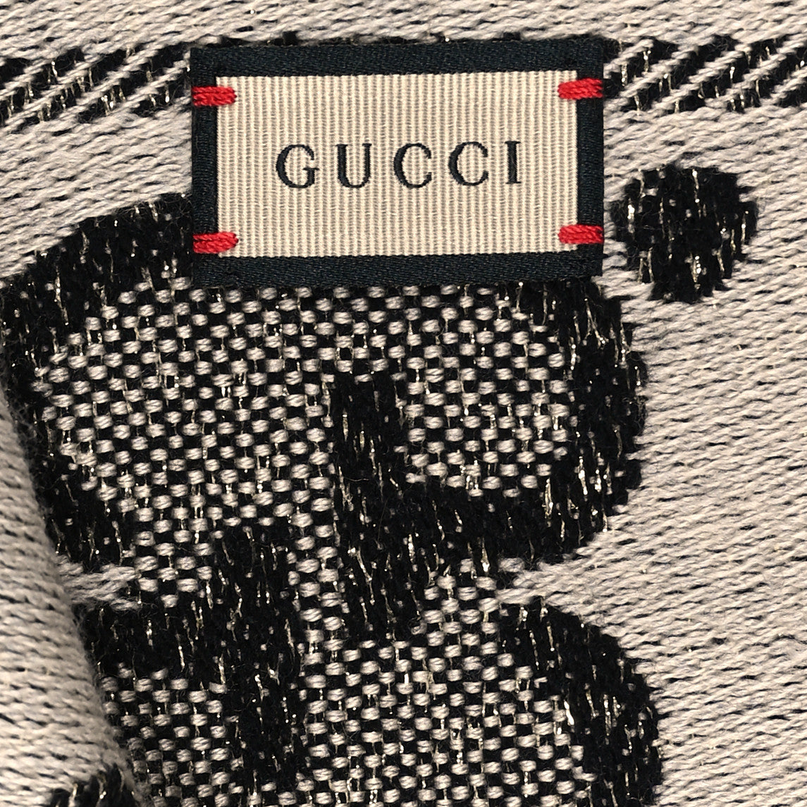 Gucci Wool Lame Jacquard Monogram Jumbo GG Lady Nest Lux Scarf Black Ivory 4 of 4