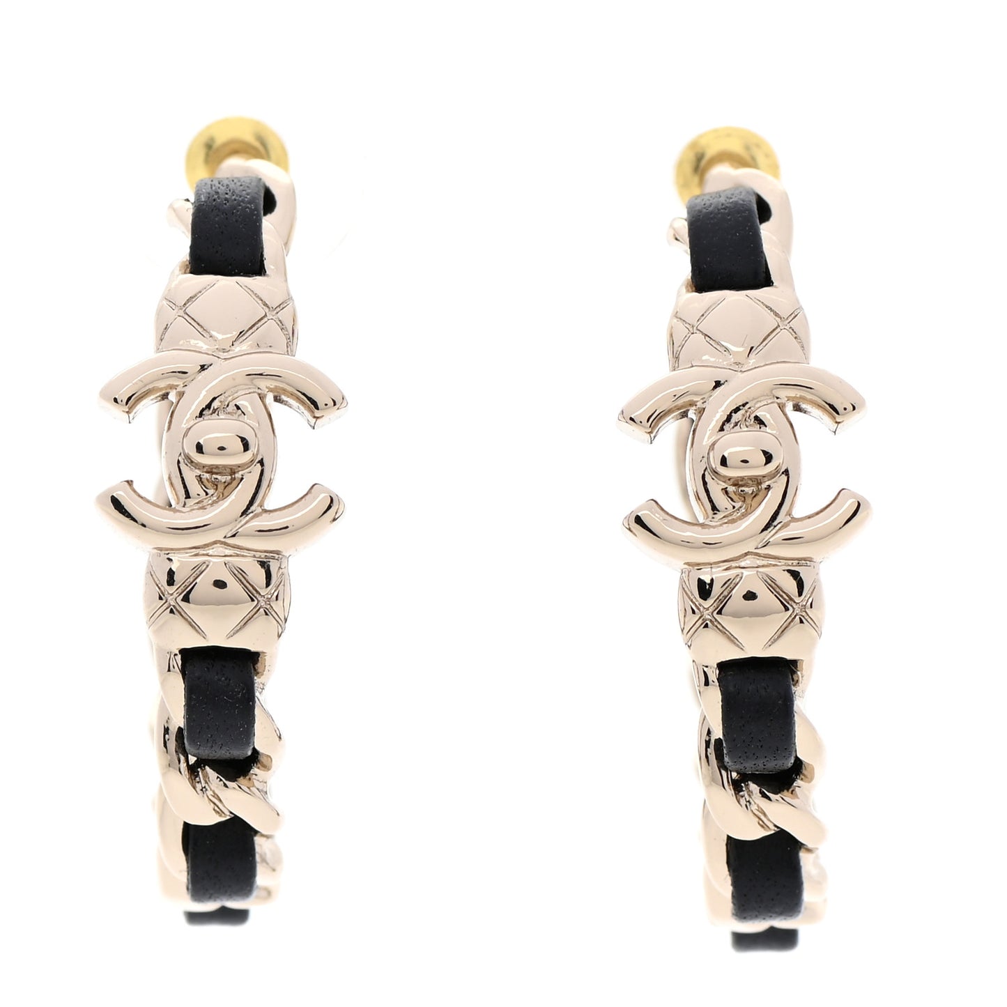 Metal Lambskin Quilted CC Turnlock Chain Hoop Earrings Gold Black