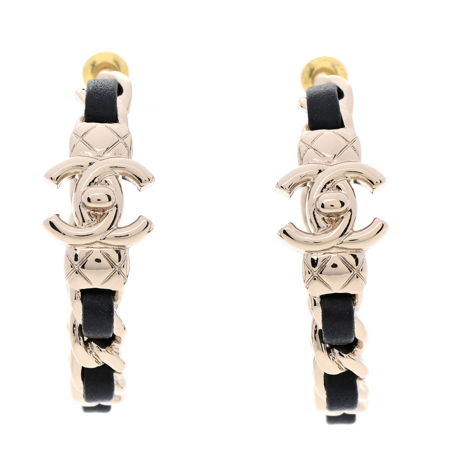 Chanel Metal Lambskin Quilted CC Turnlock Chain Hoop Earrings Gold Black 1 of 5