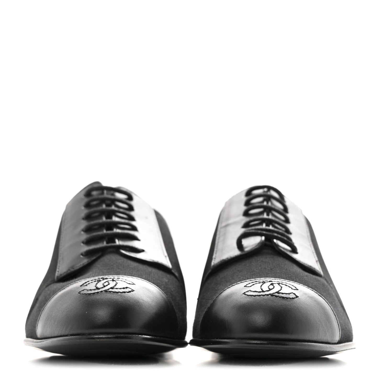 Calfskin Elastic Lace Up Cap Toe CC Loafers 37 Black