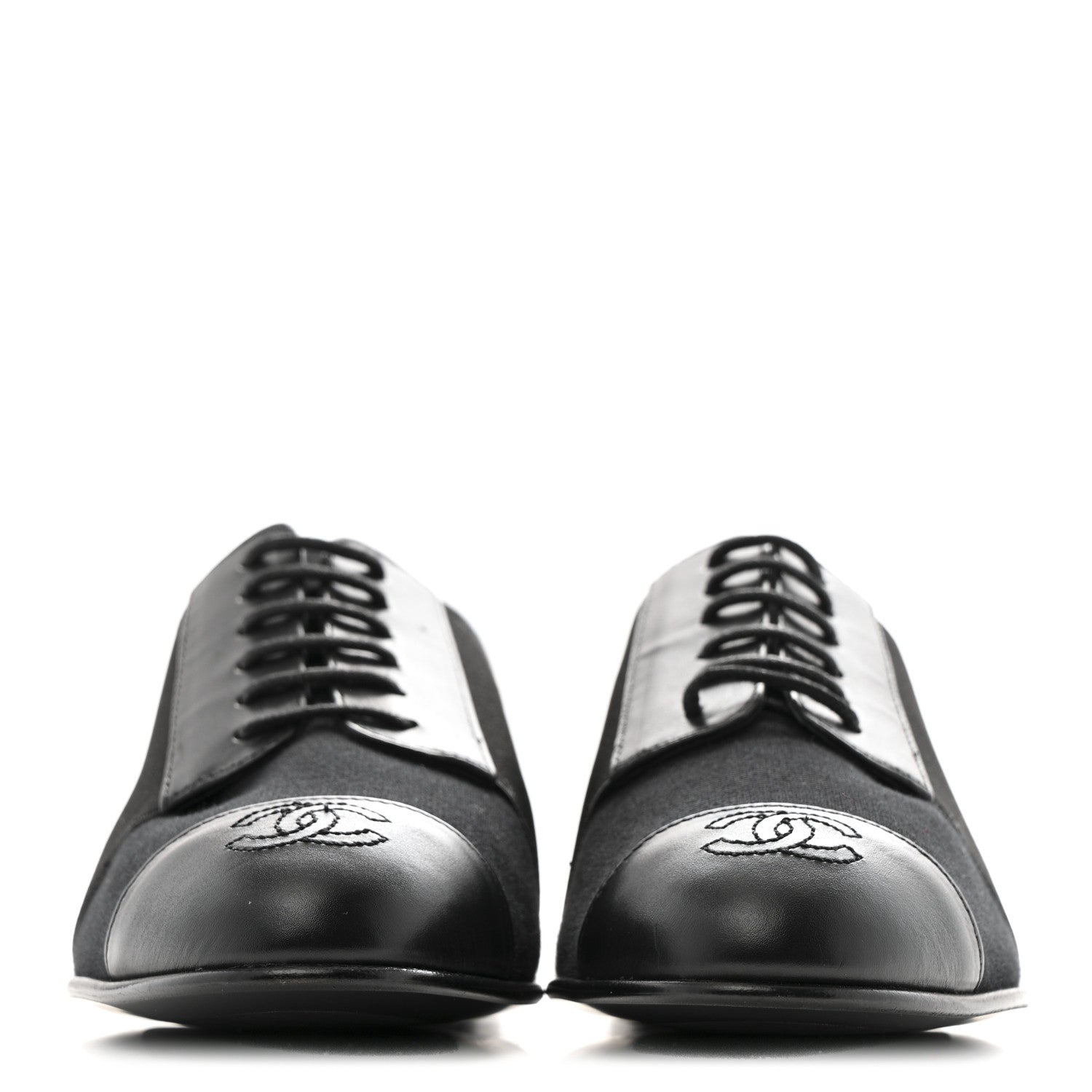 Chanel Calfskin Elastic Lace Up Cap Toe CC Loafers 37 Black 3 of 10