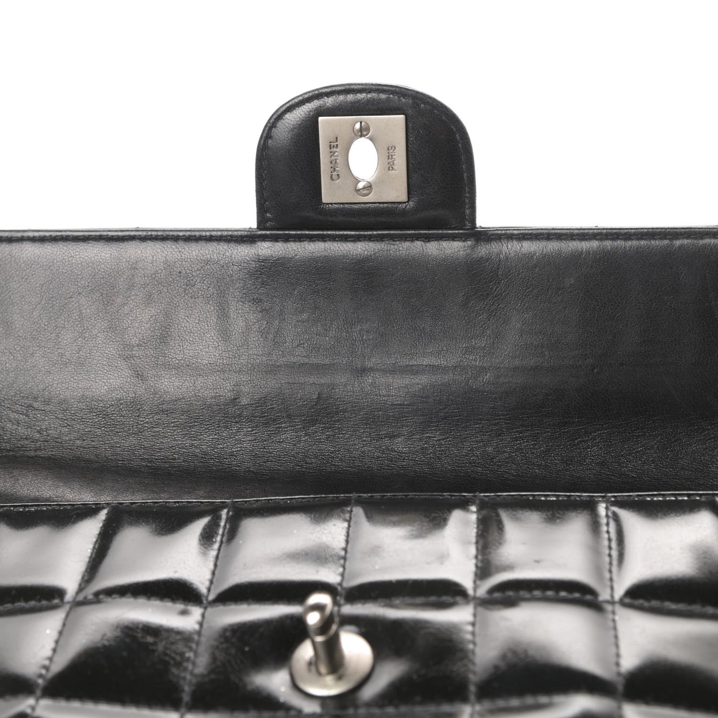 Patent Quilted East West Chocolate Bar Flap Black