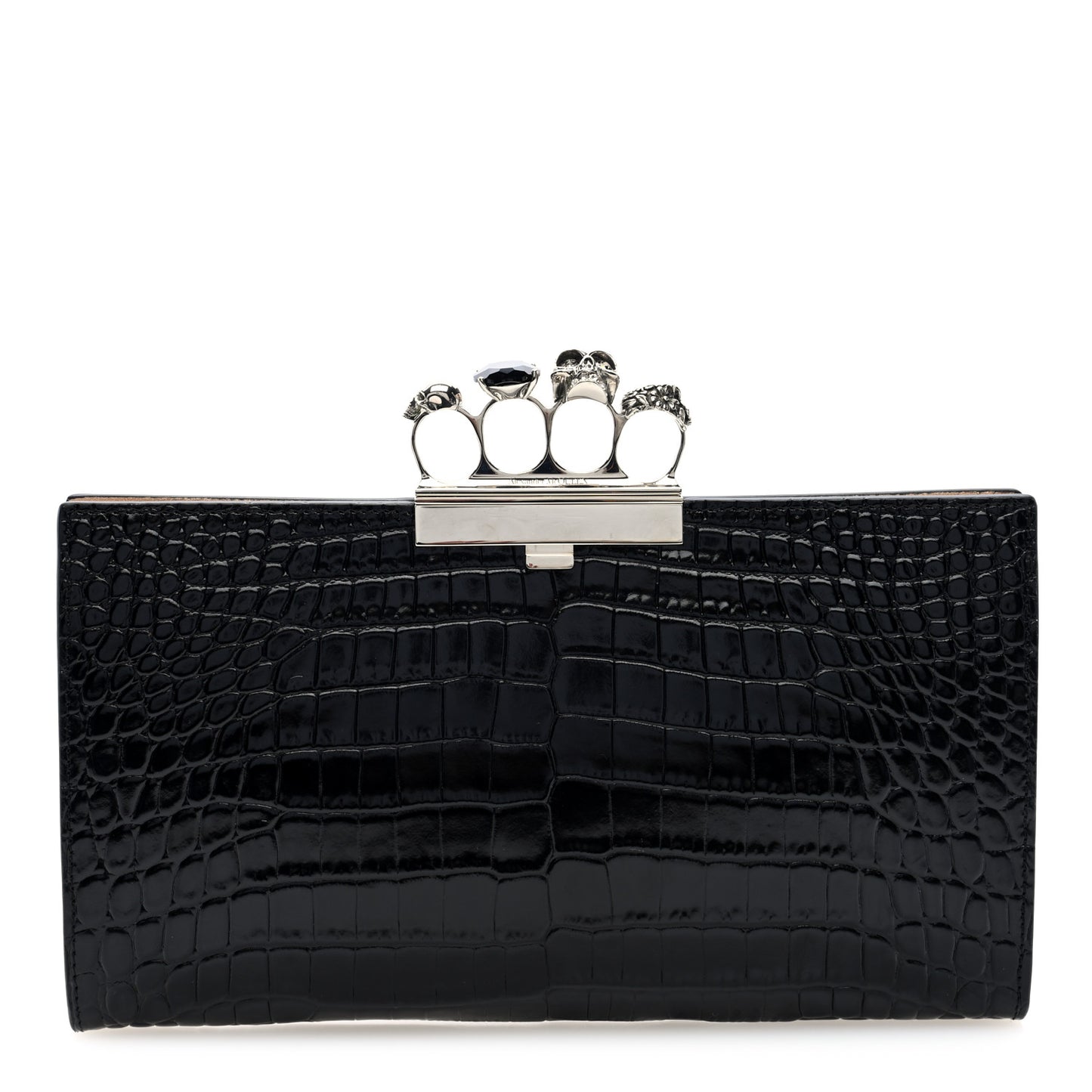 Calfskin Crocodile Embossed Knuckle Flat Clutch Black