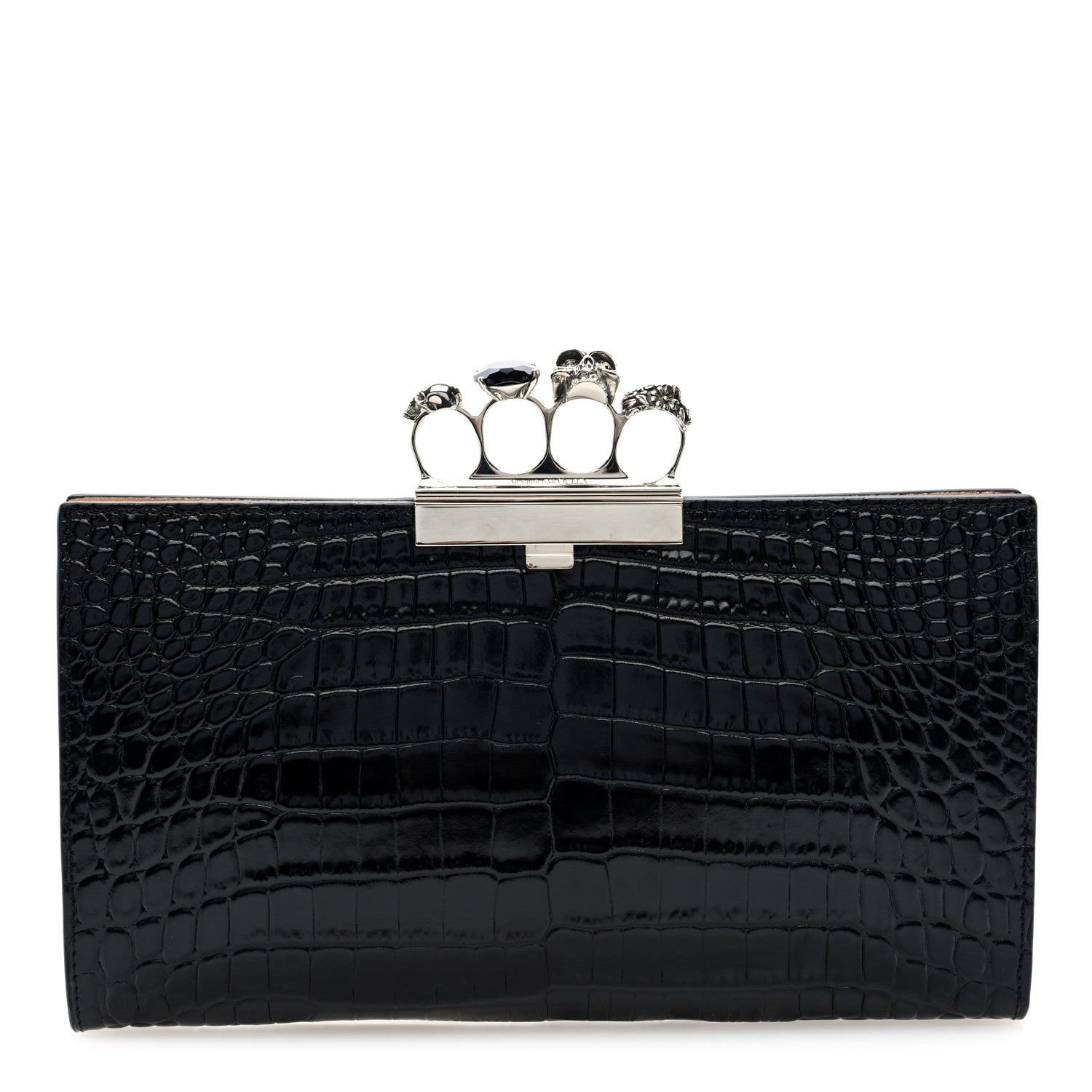 Alexander McQueen Calfskin Crocodile Embossed Knuckle Flat Clutch Black 1 of 7