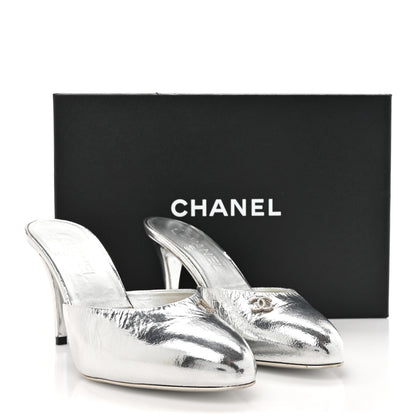 Chanel Metallic Goatskin CC Mules 37.5 Silver 10 of 10