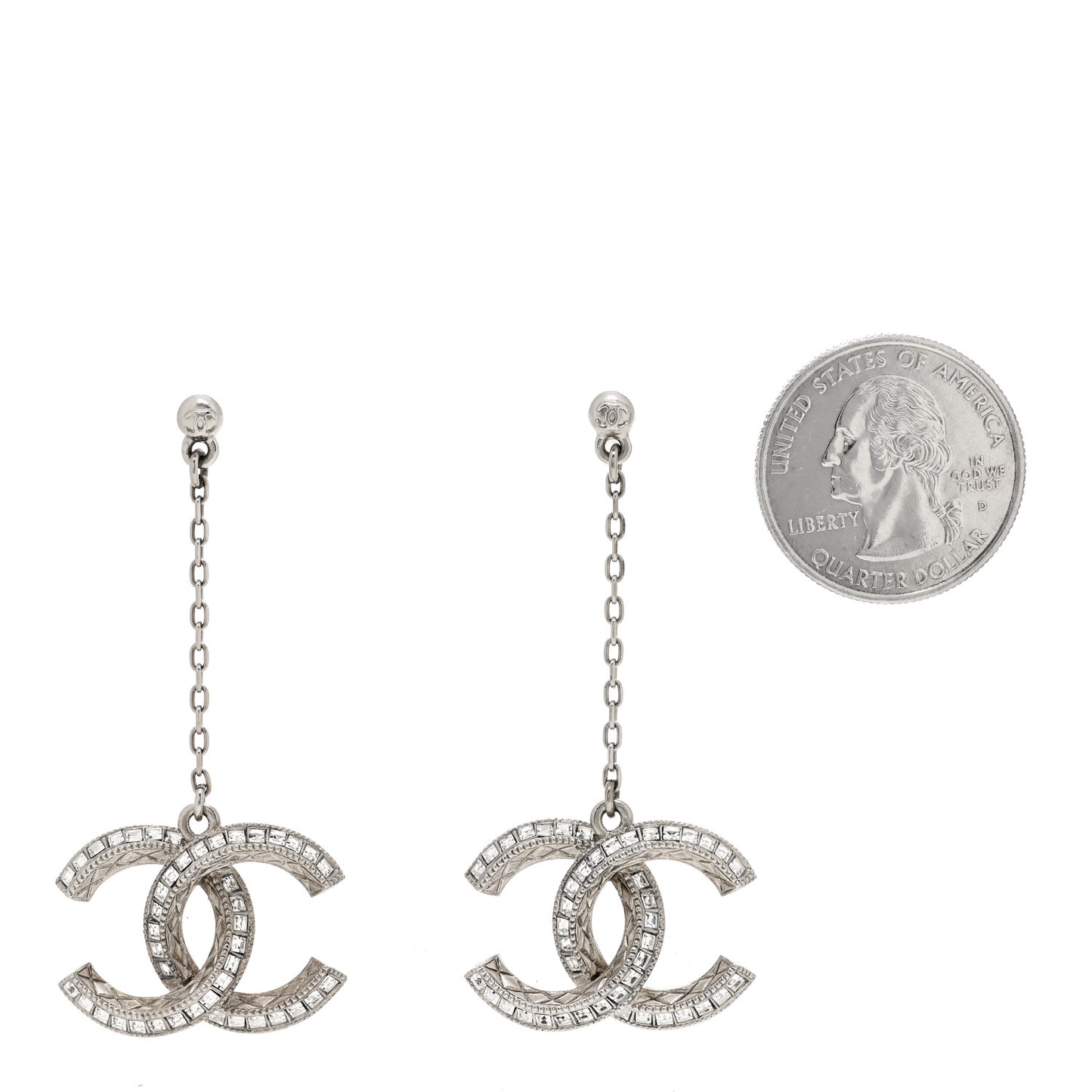 Baguette Crystal Quilted CC Drop Earrings Silver